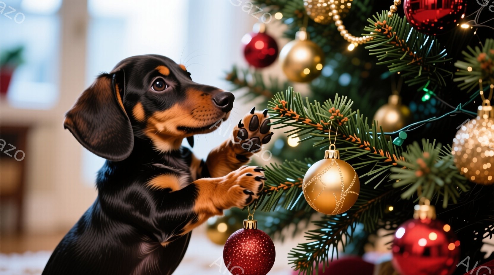 黒と焦げ茶色のダックスフンドがクリスマスツリーに前足をかけて、輝くオーナメントに興味津々で触れようとしています。背景には緑豊かなクリスマスツリーが広がり、赤い、金色のオーナメントが飾られ、暖かくお祝い - AI生成フリー素材