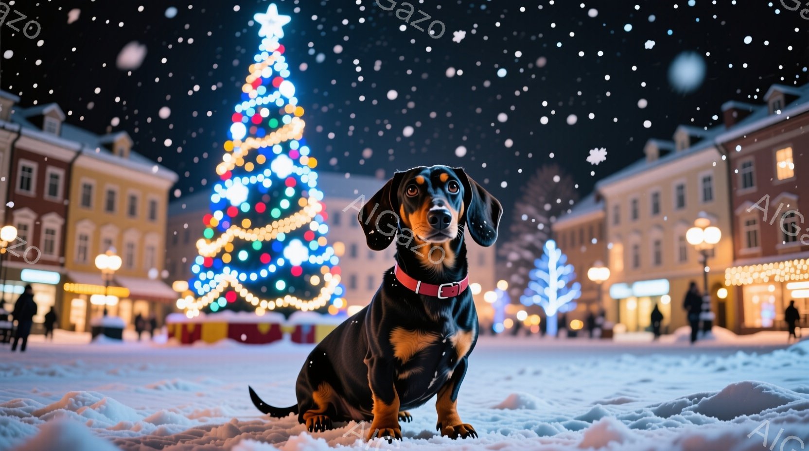 黒と茶色のダックスフンドが雪景色の中で座っており、赤い首輪をつけています。背景には、色とりどりのライトで飾られた大きなクリスマスツリーがあり、周囲の建物もライトアップされています。雪が舞い降りる冬の夜 - AI生成フリー素材
