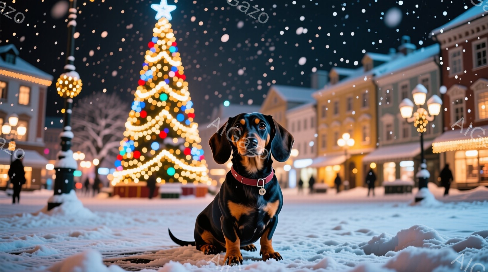 雪が降る夜の賑やかな街並みを背景に、ダックスフントが正面を向いて座っています。犬は黒と茶色の毛並みで、赤い首輪とタグを付けており、落ち着いた表情でカメラを見ています。背景にはクリスマスツリーが輝き、雪 - AI生成フリー素材