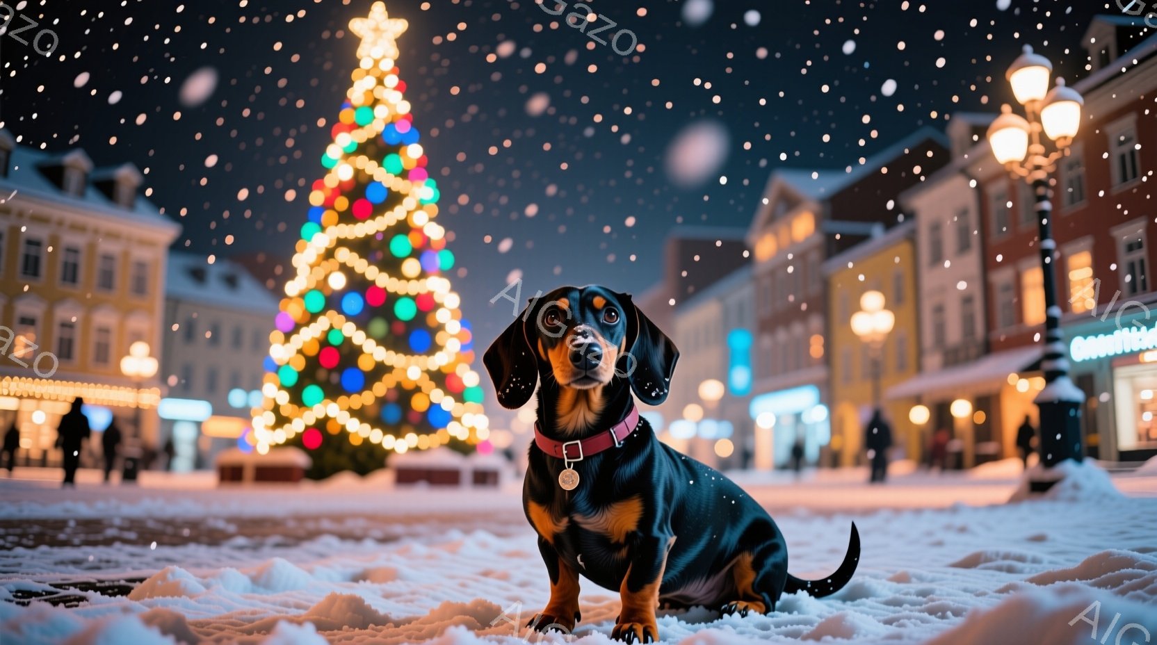 真っ黒な胴体のダックスフンドが雪の上に座り、正面を見つめている。背景には、色とりどりのライトで飾られた巨大なクリスマスツリーと、雪景色の中の街並みが広がり、穏やかで温かいクリスマスの雰囲気を醸し出して - AI生成フリー素材
