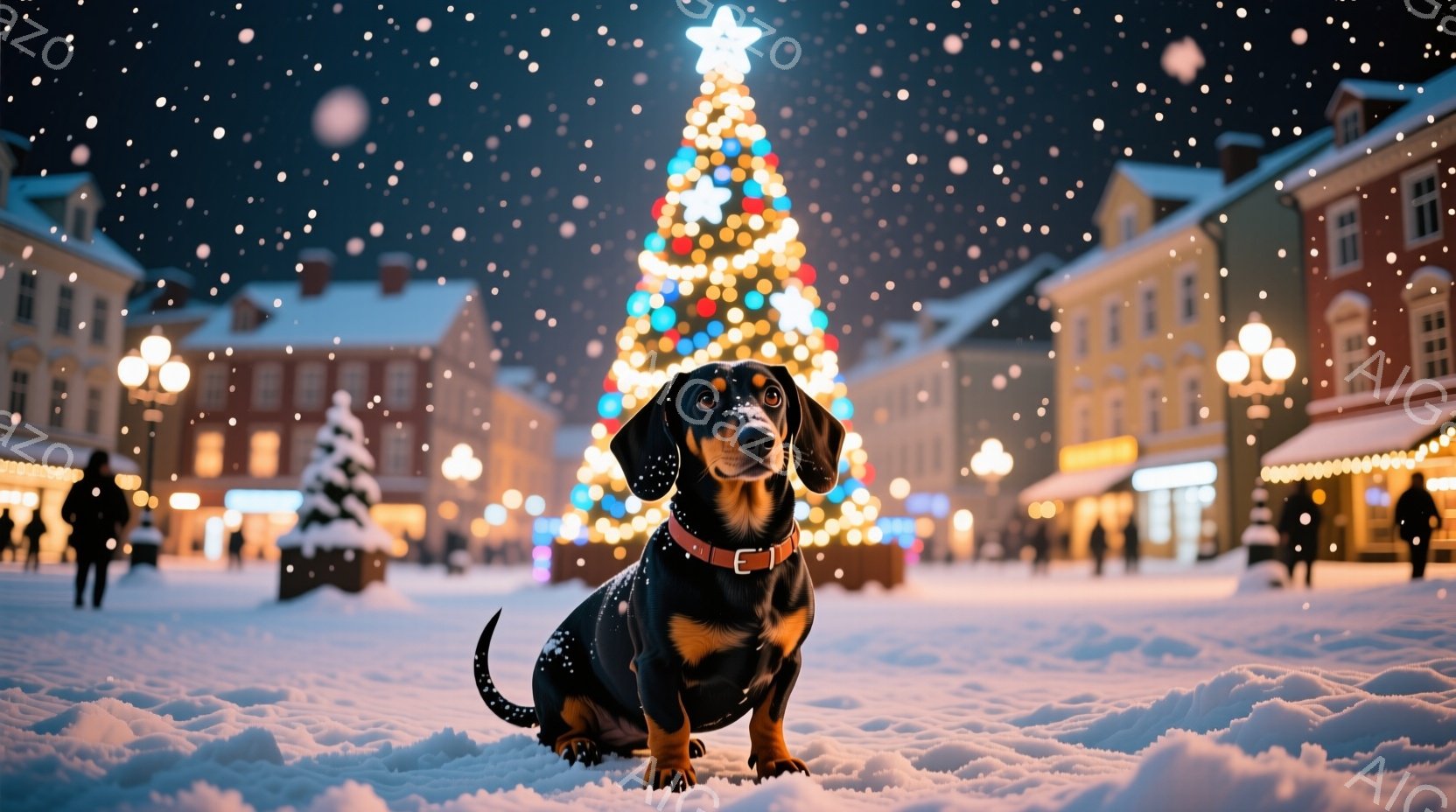 短毛のダックスフントがカーペットの上に座り、赤いリボンで結ばれた白いプレゼントボックスを鼻で軽く押しています。背景にはクリスマスツリーが飾られ、赤いオーナメントや明るい電飾が輝き、暖かくお祝いムードを - AI生成フリー素材