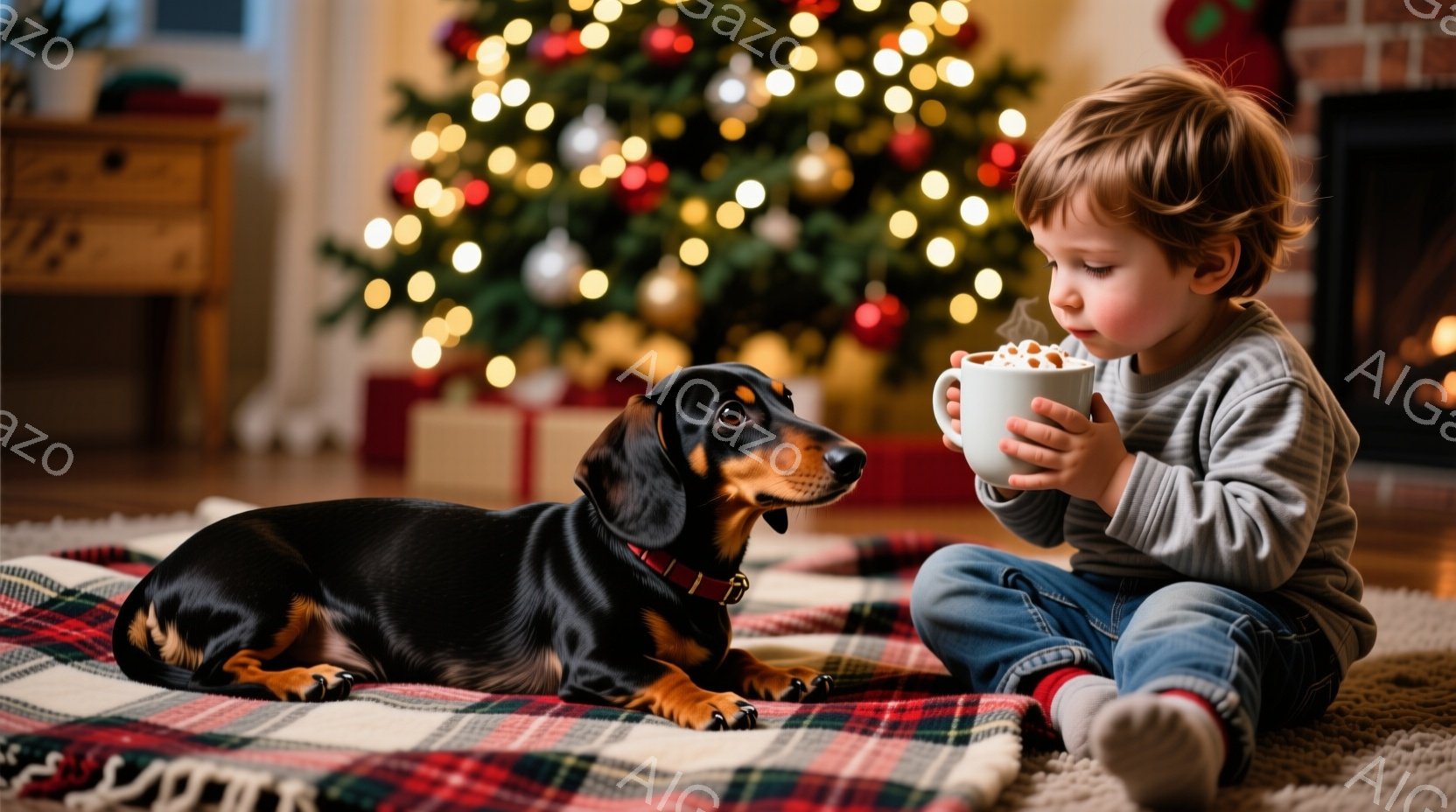クリスマスツリーの前で、幼い少年がホットドリンクを抱えて座っています。少年は明るい色のセーターとジーンズを着ており、少し内気な表情で飲み物を見つめています。背景には、明るい光で飾られたクリスマスツリーと、リラックスした雰囲気を醸し出す赤いチェック柄の毛布、そして愛らしいダックスフンドが横たわっています。