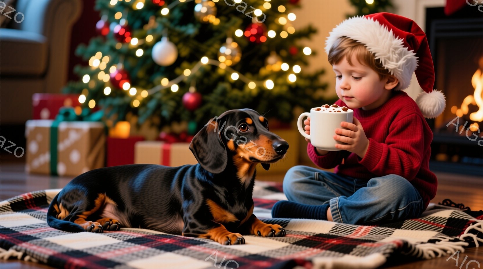 雪景色の中で、ダックスフンドがまっすぐ前を見据えています。茶色と黒の毛並みで、赤い首輪とタグがついており、凛とした表情をしています。背景には雪に覆われた木々と、ぼやけた暖かい光のイルミネーションがあり、冬の静寂と温かさを感じさせます。