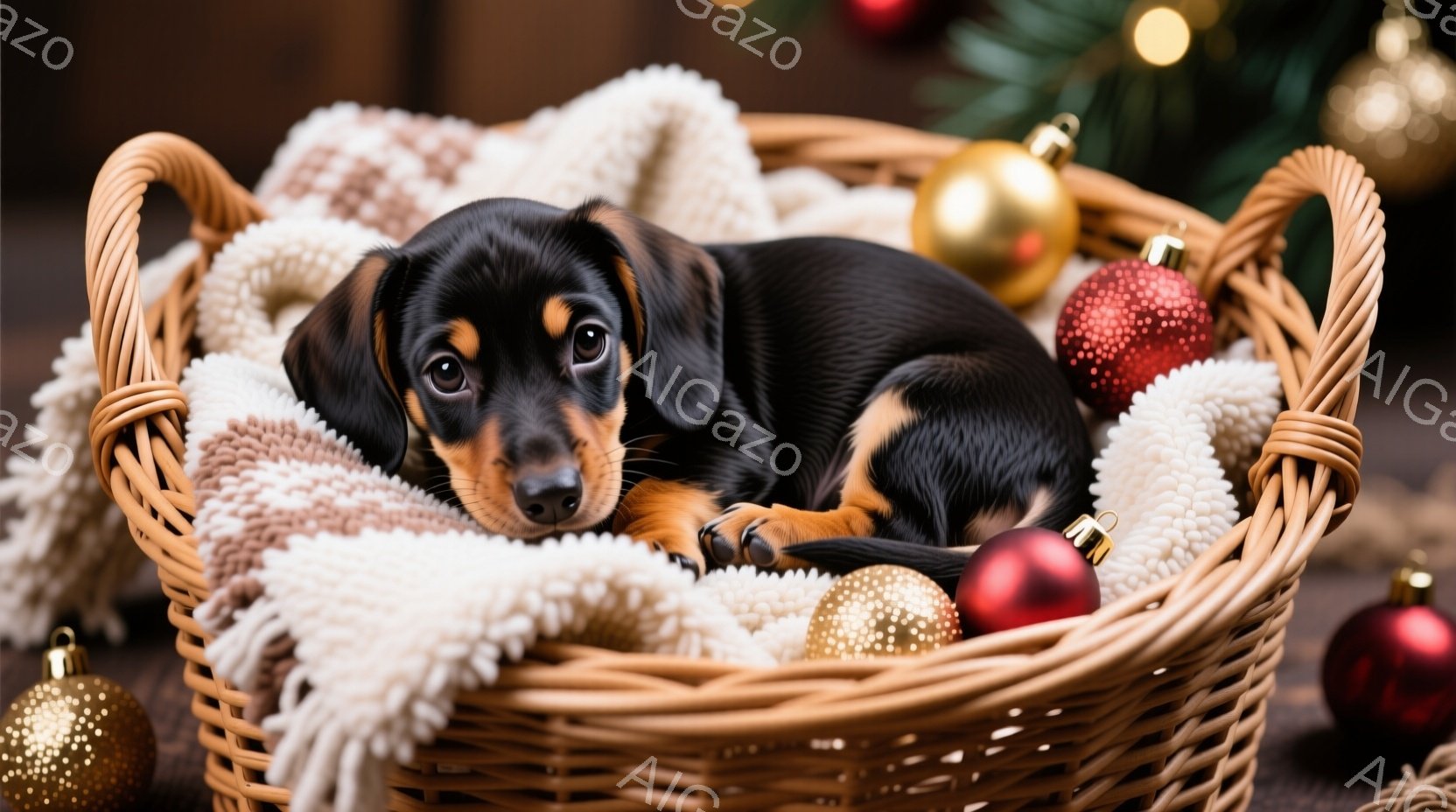籐編みのバスケットの中に、黒と茶色のダックスフンドの子犬が丸まって眠っています。子犬は毛布に寄り添い、穏やかな表情でリラックスした様子です。背景には、クリスマスのオーナメントが散りばめられており、暖か - AI生成フリー素材