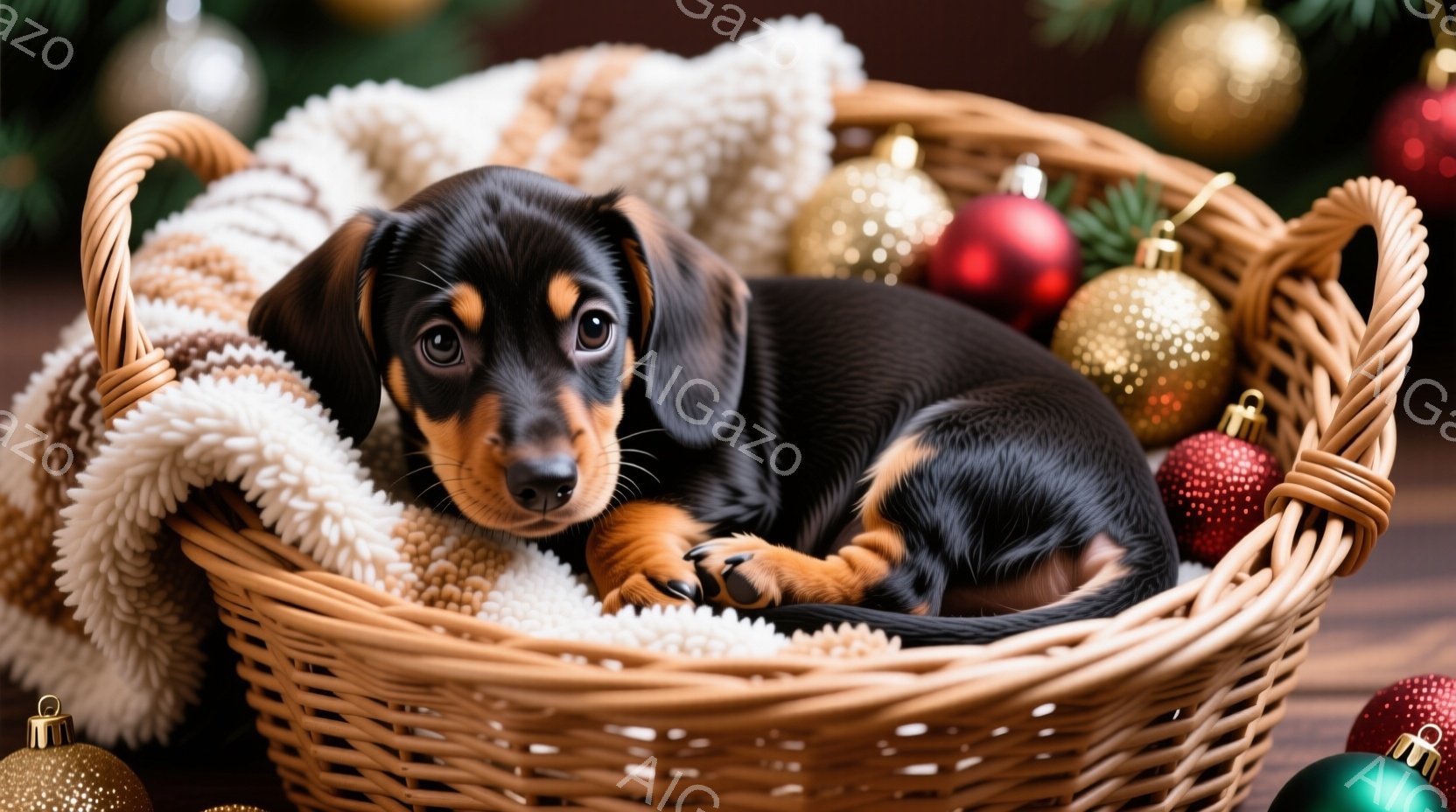 籐製のバスケットの中に、黒と茶色のダックスフントの子犬が丸まって眠っています。子犬はふわふわの白い毛布の上にいて、クリスマスの飾りやオーナメントで飾られた背景がぼやけて見えます。全体的に温かく、居心地 - AI生成フリー素材