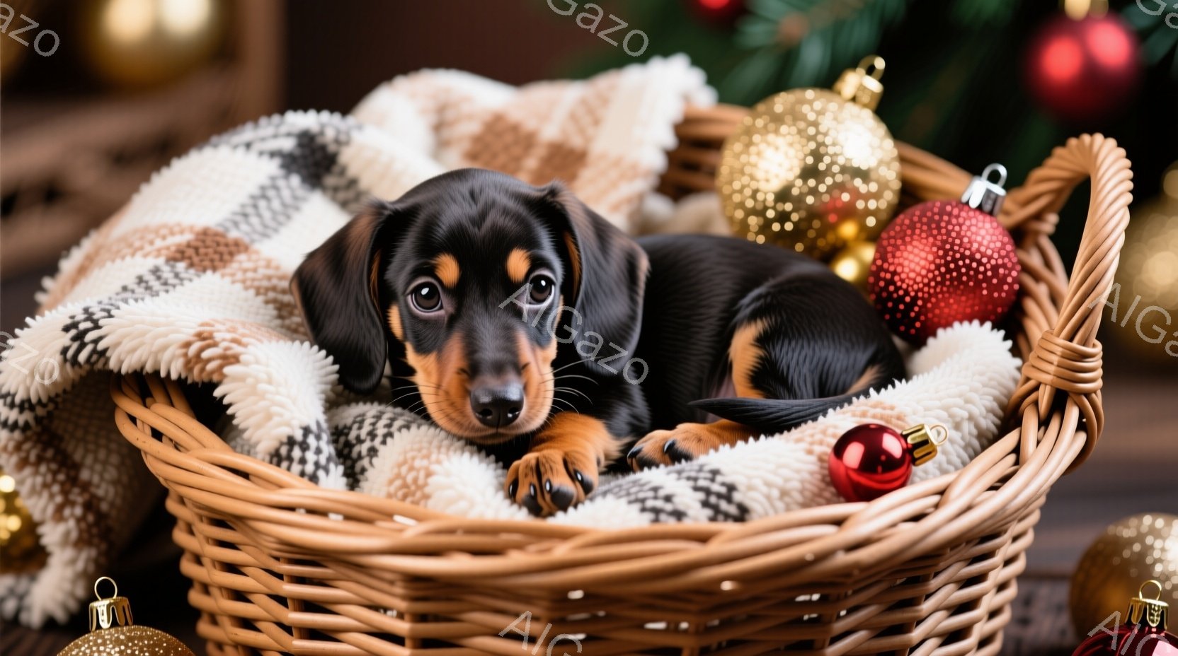 ダックスフントがクリスマスツリーの足元で、イルミネーションライトに包まれて横たわっています。毛並みは黒と茶色のコントラストが美しく、少し疲れたような表情をしています。背景には、暖炉の炎とぼやけたクリスマスツリーがあり、温かく居心地の良い雰囲気が漂っています。