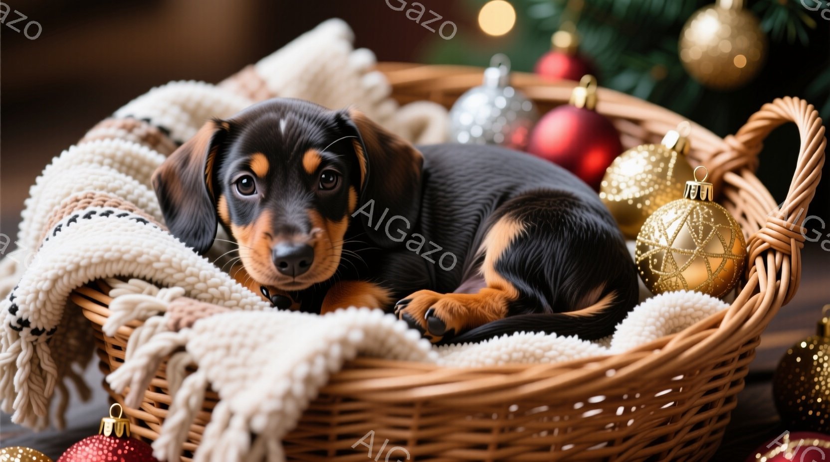 籐製のバスケットの中に、黒と茶色のダックスフントの子犬が丸まって横たわっています。子犬はリラックスした表情で、バスケットの中に柔らかいオフホワイトの毛布が敷かれています。背景にはクリスマスツリーと、赤 - AI生成フリー素材