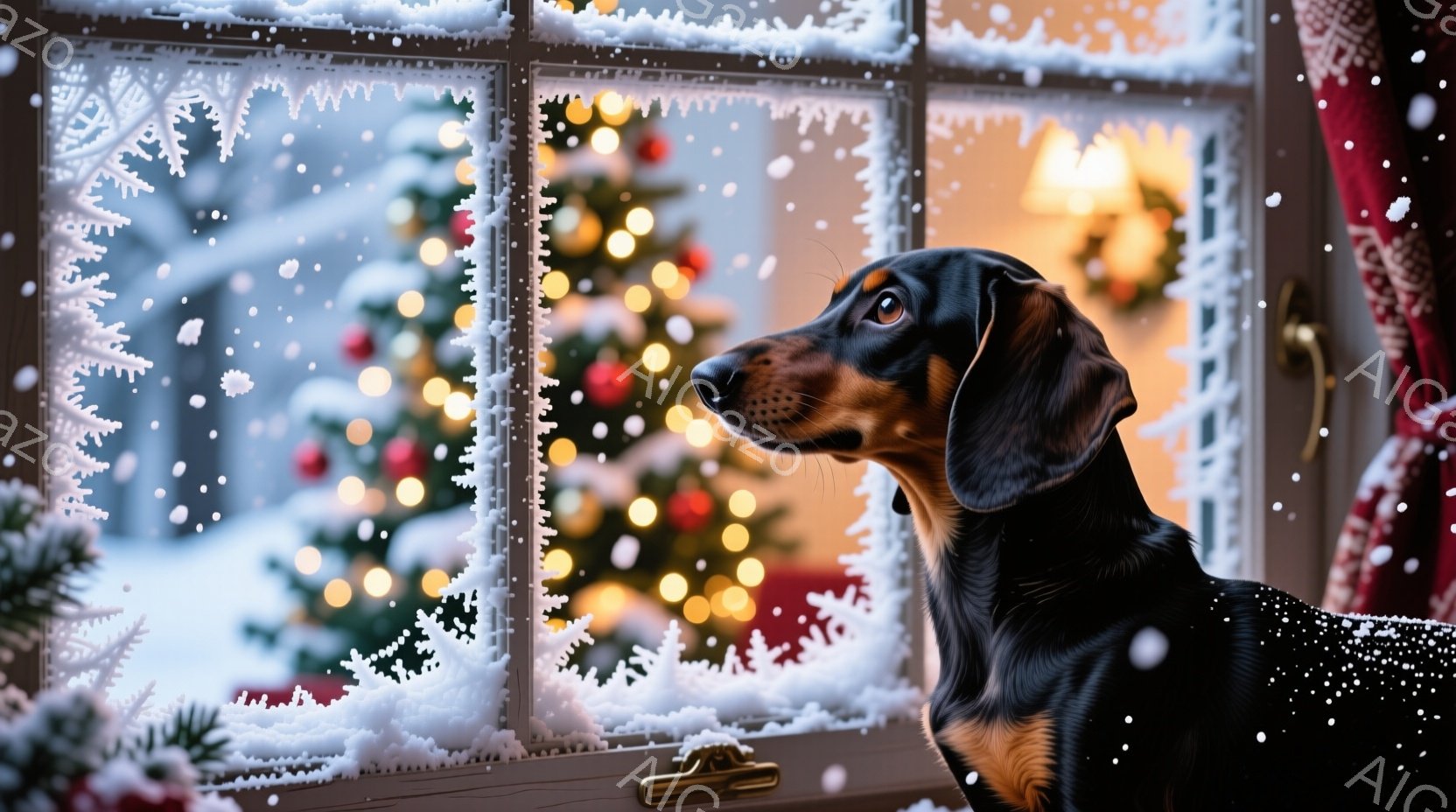窓枠に寄りかかり、黒と焦げ茶色のダックスフントが外を眺めている。窓の外は雪景色で、ぼやけたクリスマスツリーの光が暖かく輝いている。全体的に、冬の暖かく穏やかな雰囲気が漂い、犬は静かに雪景色を楽しんでい - AI生成フリー素材