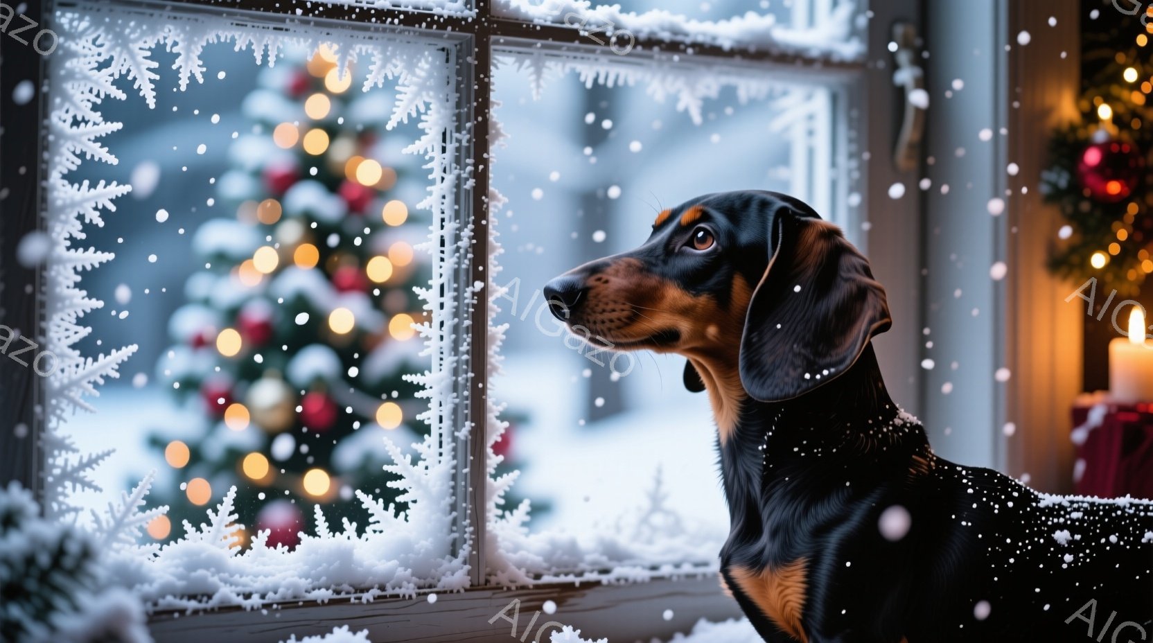 黒と焦げ茶色のダックスフンドが雪の降る窓辺に座り、外を見つめている。背景にはぼやけたクリスマスツリーの光が暖かく、室内はキャンドルの明かりで照らされている。雪の結晶模様が窓に描かれ、冬の穏やかで心温ま - AI生成フリー素材