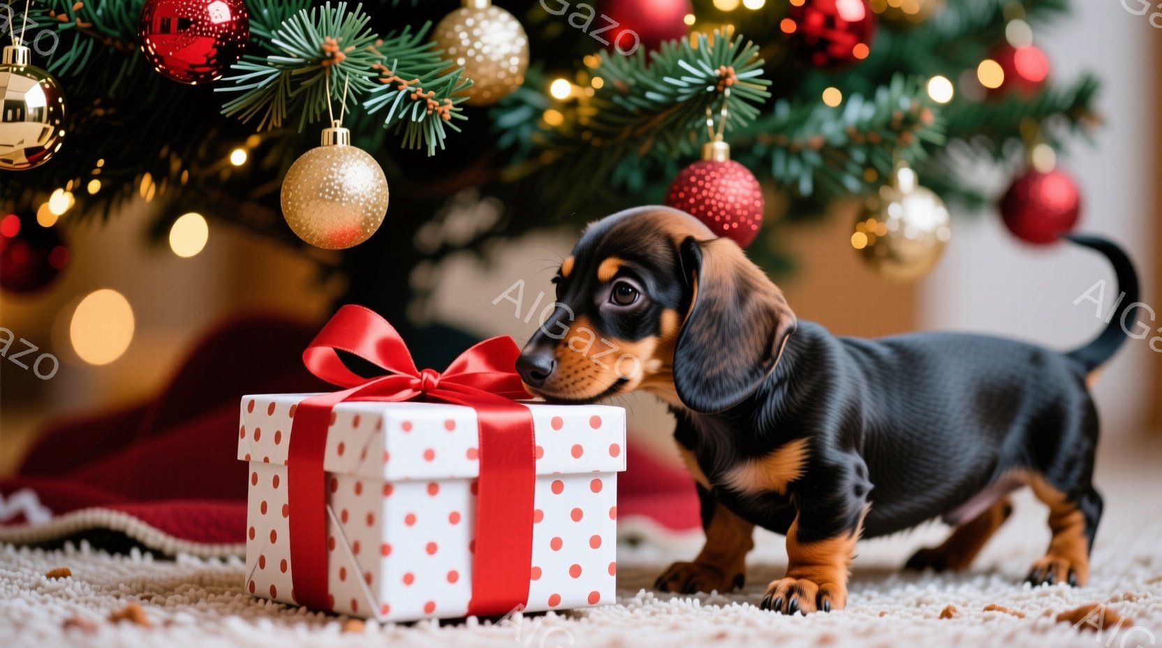長い胴体を持つ、黒と茶色のダックスフンドが、赤い水玉模様のリボンのかかった白いプレゼントボックスの近くにいます。犬はプレゼントボックスを匂っているようで、興味津々とした表情をしています。背景にはクリス - AI生成フリー素材