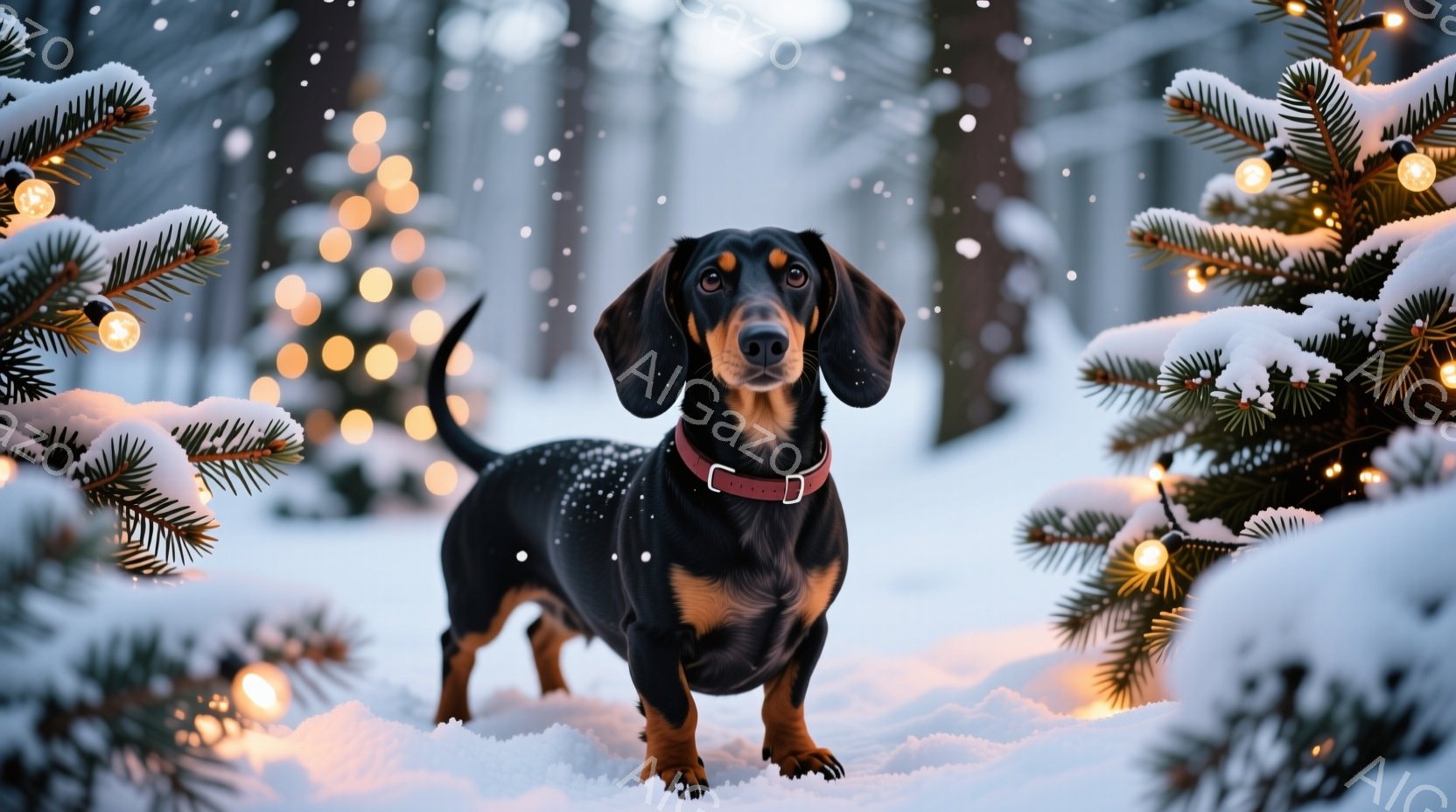ダックスフントがクリスマスの角のヘッドバンドと赤い首輪をつけて雪の上に立っている。背景には、プレゼントの山と金色のそり、そしてぼやけたクリスマスツリーが見える。全体的に、遊び心のあるお祝いの雰囲気で、 - AI生成フリー素材