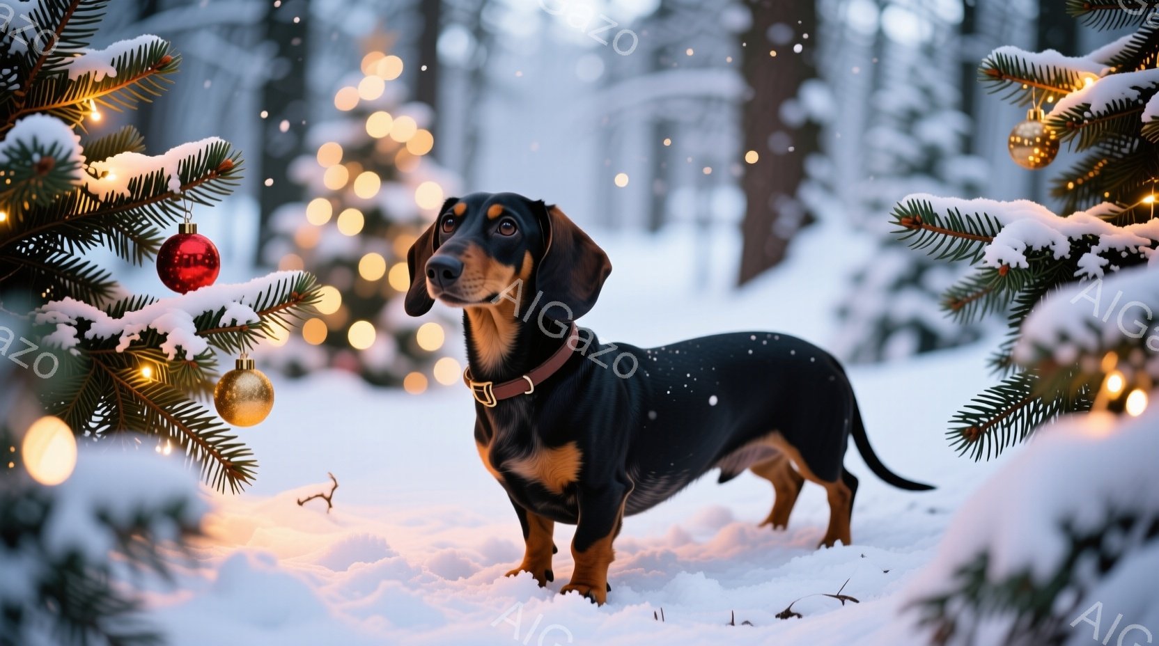 黒と茶色のダックスフントが雪景色の中で立っており、首輪をつけている。背景にはクリスマスツリーの枝と、ぼんやりとした光のぼかしがあり、冬の穏やかで祝祭的な雰囲気を醸し出している。雪は軽く降り積もり、犬の - AI生成フリー素材