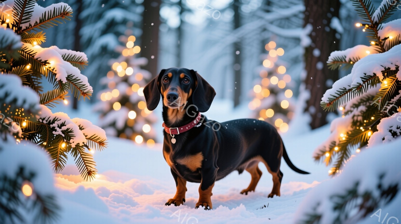 ダックスフントが、クリスマスらしい赤いそりに寄り添うように座っています。犬はトナカイの角のようなヘッドバンドを装着し、赤い首輪をつけています。背景には、プレゼントで飾られたクリスマスツリーがあり、雪が - AI生成フリー素材