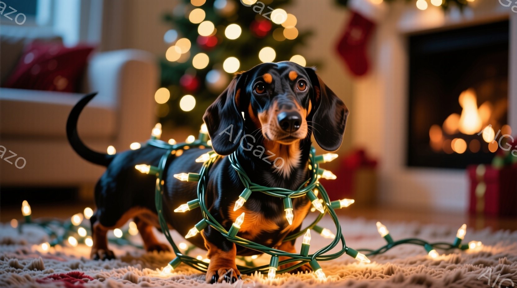 黒い毛並みに茶色のアクセントが入ったダックスフントが、クリスマスツリー用の電飾に包まれています。犬は床に座り、前足を少し広げ、いたずらっぽい表情でカメラを見つめています。背景には暖炉とぼんやりとしたク - AI生成フリー素材