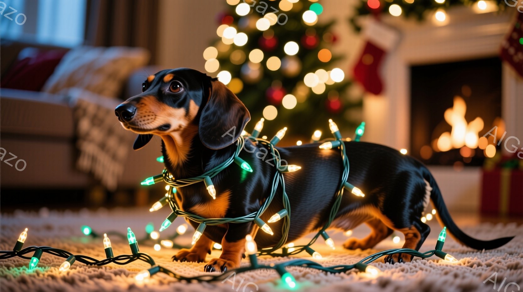 黒い毛並みのダックスフンドが、クリスマスツリーのイルミネーションライトにぐるぐる巻きになっている様子が写っています。犬は床に座り、少し上目遣いでカメラを見つめており、その表情は少し困惑しているようにも - AI生成フリー素材