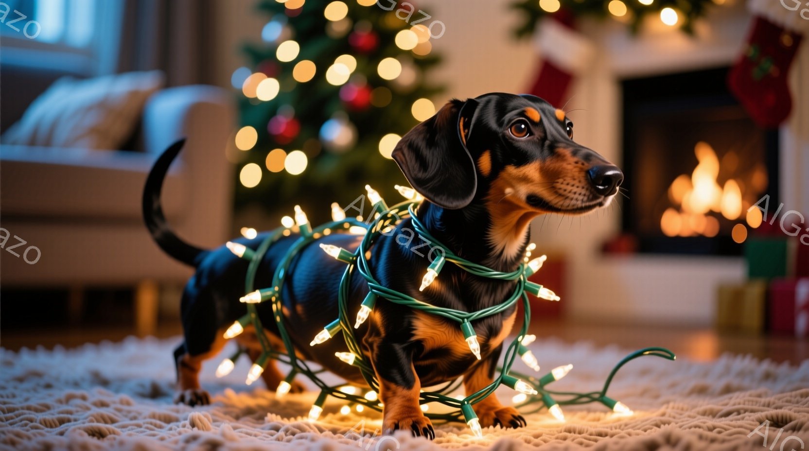 ダックスフントがクリスマスツリーのイルミネーションライトに絡まっています。犬は床に座っており、少し困ったような表情でカメラを見ています。背景には明るいクリスマスツリーと暖炉があり、お祝いの雰囲気が漂っています。