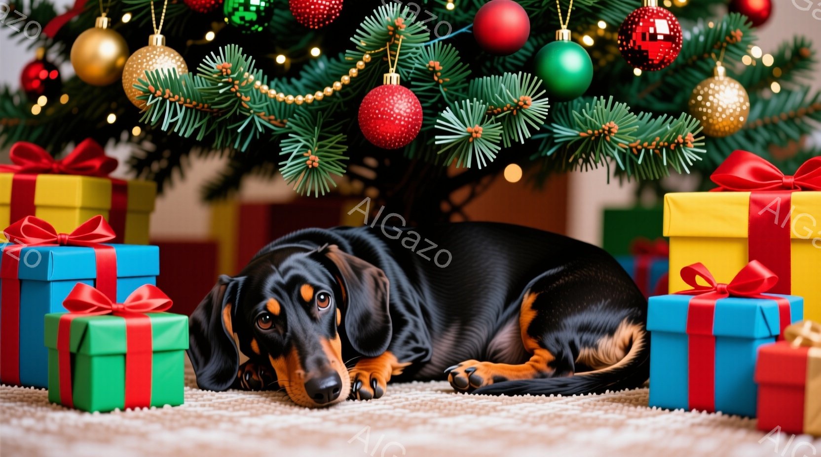 黒いダックスフントが、クリスマスツリーの下に置かれたカラフルなプレゼントの周りに横たわっています。犬はリラックスした様子で、少し眠たげな表情をしています。背景には緑豊かなクリスマスツリーが飾られ、暖か - AI生成フリー素材