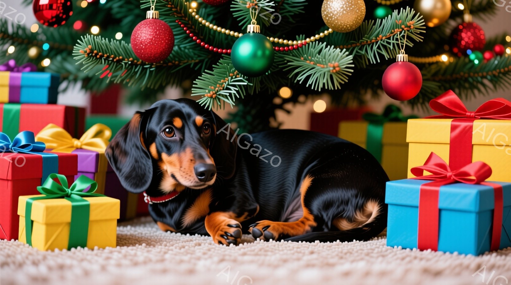 黒い毛並みに赤い首輪をつけたダックスフンドが、クリスマスツリーの下に置かれたプレゼントの山の中に横たわっています。犬は少し上目遣いでカメラを見つめ、穏やかでリラックスした表情をしています。背景には緑の - AI生成フリー素材