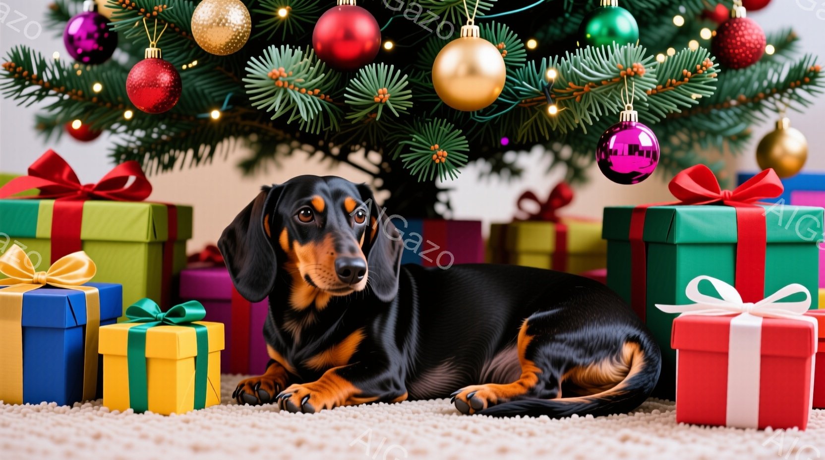 黒と茶色のダックスフンドが、カラフルなプレゼントの山の中に横たわっています。背景にはクリスマスツリーが飾られ、赤い、金色の、紫色のオーナメントが輝いています。全体的に暖かく、お祝いの雰囲気で、クリスマ - AI生成フリー素材