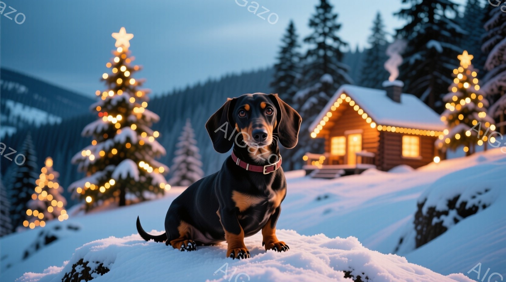 黒いダックスフントが雪の上に座っており、赤い首輪をつけています。背景には、クリスマスライトで飾られた木々や、暖かく光るログハウスが見え、雪が降り積もった静かな冬の風景が広がっています。全体的に、温かく、お祝いムードに満ちた、冬のワンダーランドのような雰囲気です。