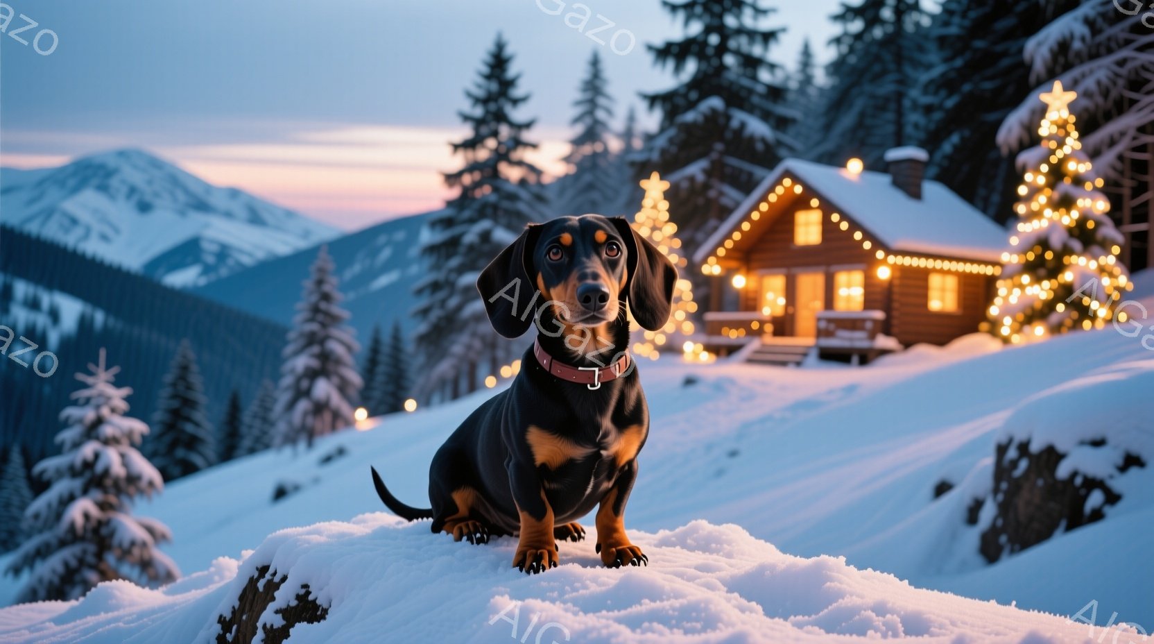 雪景色の中に、短い足と長い胴体を持つ黒いダックスフンドが座っています。赤い首輪をつけており、正面を見て穏やかな表情をしています。背景には、クリスマスツリーのように装飾された可愛らしいログハウスと、雪を - AI生成フリー素材