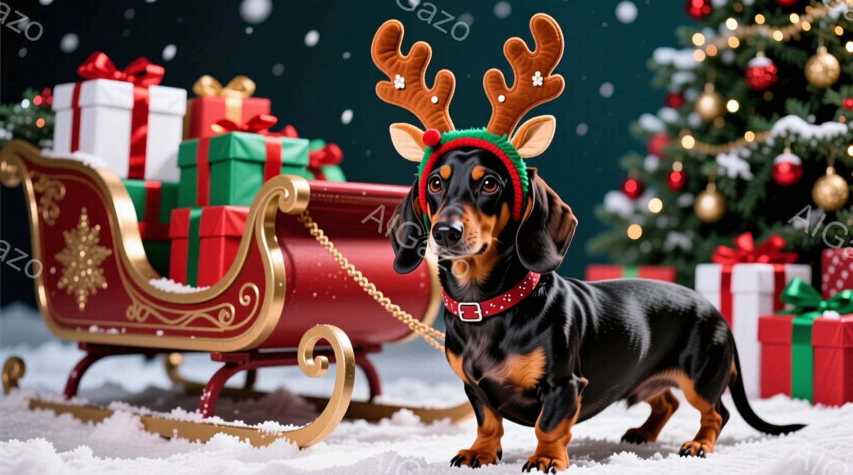ダックスフントが、クリスマスのトナカイの角のヘッドバンドを付けて雪の上に立っています。背景には、金色のそりや色とりどりのプレゼント、そして飾り付けられたクリスマスツリーがあり、雪が舞い降りています。全 - AI生成フリー素材