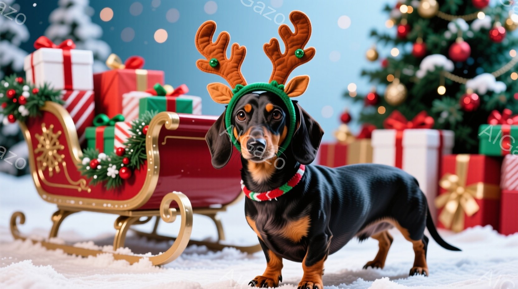 黒と茶色のダックスフンドが、角のついたヘッドバンドと赤い首輪をつけて雪の上に立っています。背景には、プレゼントの山、赤いそり、そしてぼやけたクリスマスツリーが見え、雪が舞っている様子が描かれています。 - AI生成フリー素材