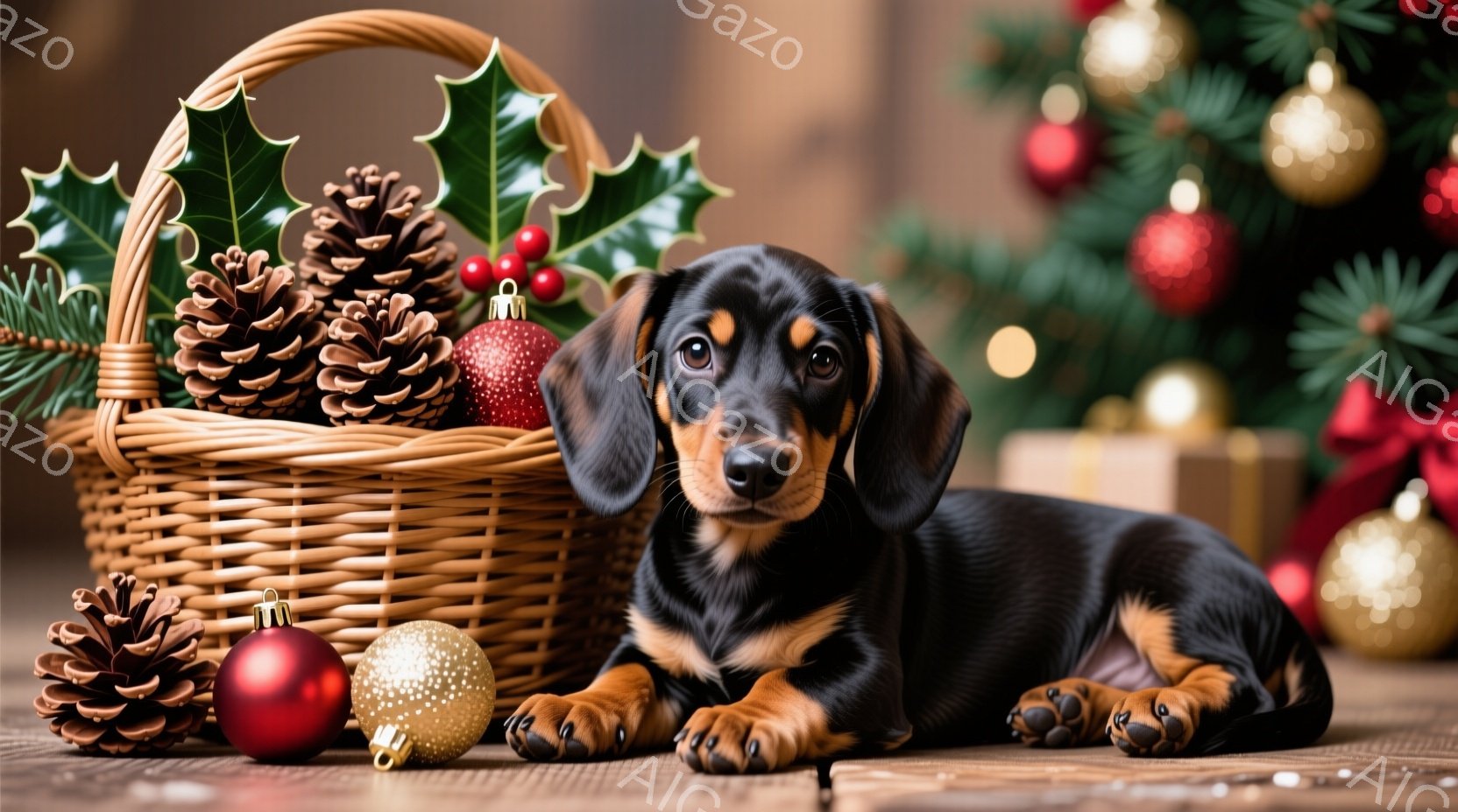 茶色と黒のダックスフンドの子犬が、クリスマスオーナメントや松ぼっくりが入ったバスケットの近くに横たわっています。子犬は前足を伸ばし、カメラを見つめており、その表情は好奇心と無邪気さに満ちています。背景にはぼやけたクリスマスツリーとプレゼントボックスがあり、暖かくお祝いムードの雰囲気を作り出しています。