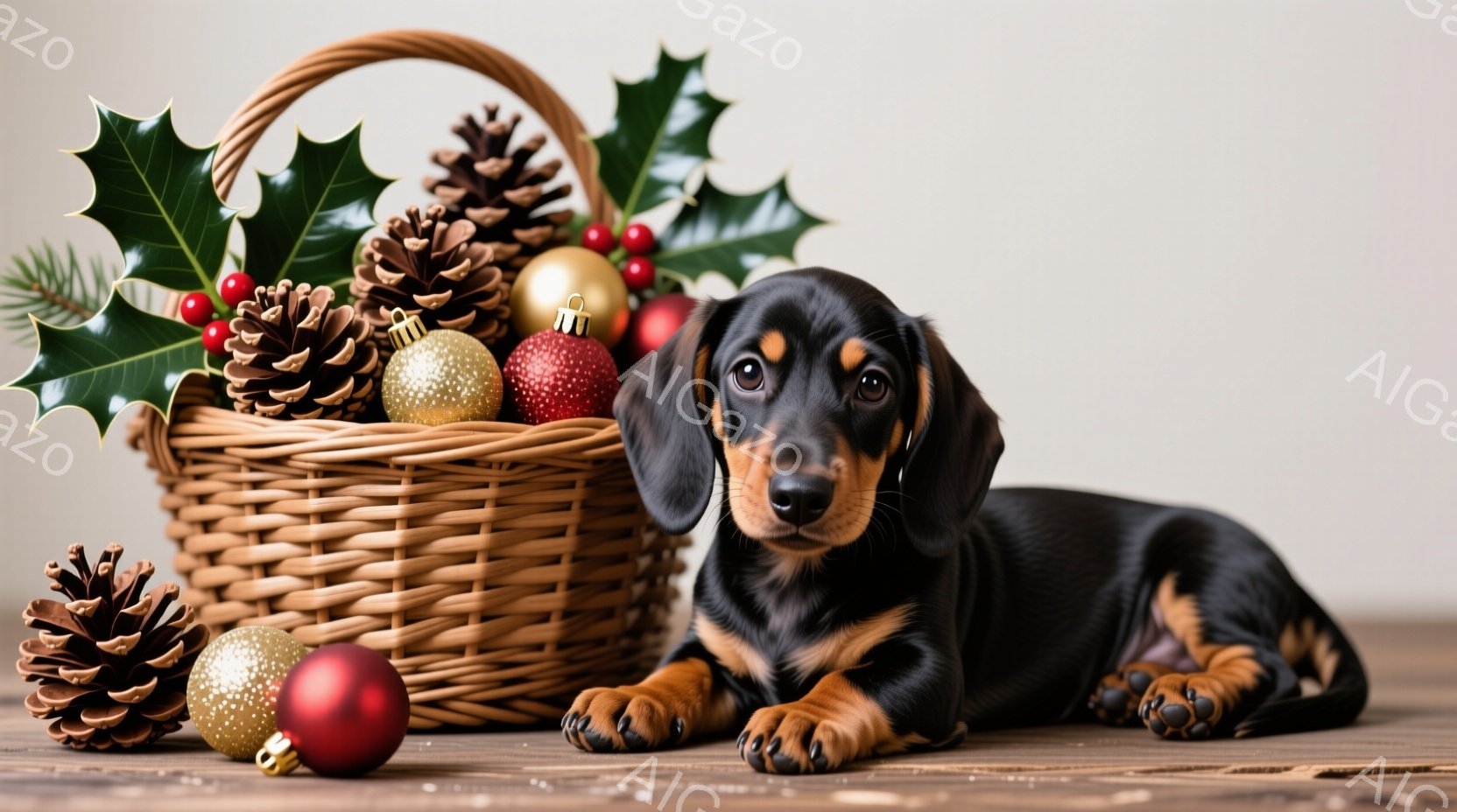 黒と茶色のダックスフンドの子犬が、クリスマスの飾りが入ったバスケットの横に横たわっています。子犬は前足を伸ばし、カメラに向かって穏やかな表情でこちらを見ています。背景には木製のテーブルがあり、全体的に - AI生成フリー素材
