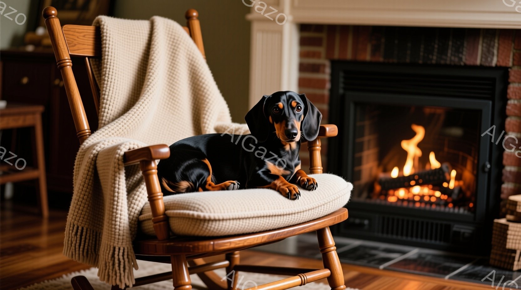 暖炉のある部屋で、ロッキングチェアにダックスフンドがゆったりと座っています。犬は黒と茶色の毛並みで、リラックスした表情を浮かべています。背景にはレンガの暖炉と木の床があり、温かく居心地の良い雰囲気が漂っています。