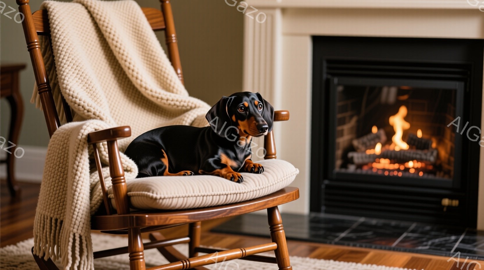 茶色のロッキングチェアに、黒いダックスフンドが横たわっています。椅子にはオフホワイトの編み込みブランケットが掛けられ、犬はリラックスした様子で正面を見ています。背景には暖炉があり、炎が燃えており、部屋 - AI生成フリー素材