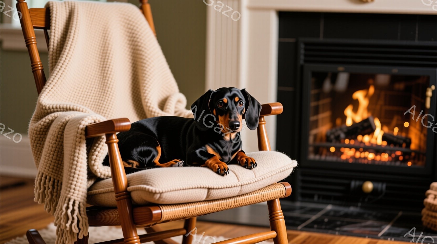 明るい木製のロッキングチェアに、黒と茶色のダックスフンドがゆったりと横たわっています。椅子にはクリーム色の柔らかそうなクッションと、オフホワイトのざっくりとした織りのブランケットが掛けられています。背 - AI生成フリー素材