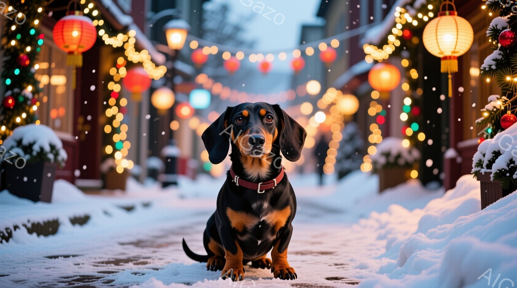 雪が降る通りに、短い足と長い胴体を持つダックスフントが座っています。茶色の首輪をつけており、真剣な表情で正面を見ています。背景には、クリスマスイルミネーションで飾られた建物や雪に覆われた植木鉢があり、 - AI生成フリー素材