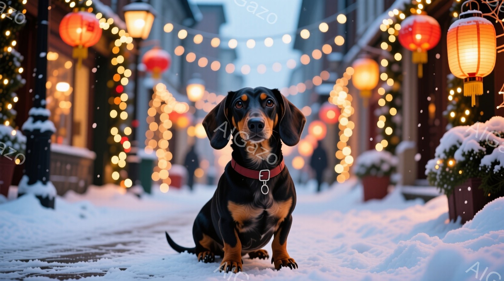 雪が降る賑やかな通りに、黒と茶色のダックスフンドが座っています。赤い首輪をつけ、前方をまっすぐ見つめ、凛々しい表情をしています。背景には、提灯やイルミネーションで飾られた建物が並び、冬の暖かく華やかな雰囲気を醸し出しています。