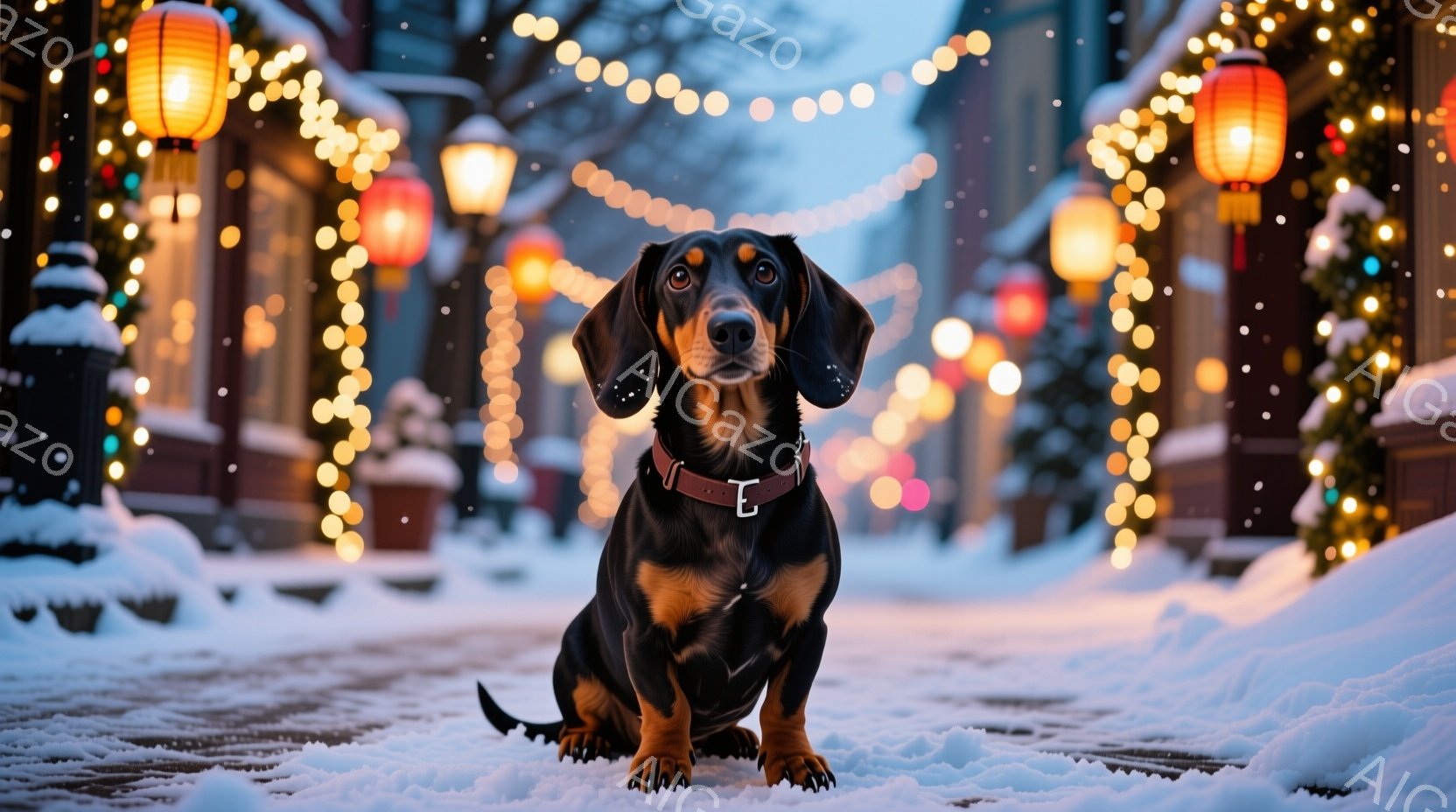 黒と茶色のダックスフントが雪の降る石畳の道に座っています。赤い首輪をつけており、正面を見つめて落ち着いた表情をしています。背景には、クリスマスイルミネーションで飾られた建物がぼやけており、暖かく幻想的 - AI生成フリー素材