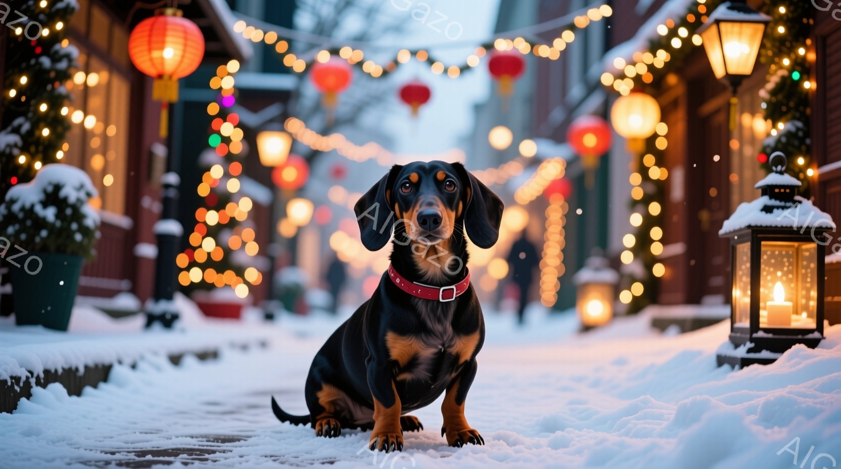 雪に覆われた街並みの中、ダックスフントが正面を見つめて座っています。犬は黒い毛並みに茶色のアクセントがあり、赤い首輪を付けています。背景には、光り輝く装飾や提灯が並び、冬の暖かく幻想的な雰囲気を醸し出しています。