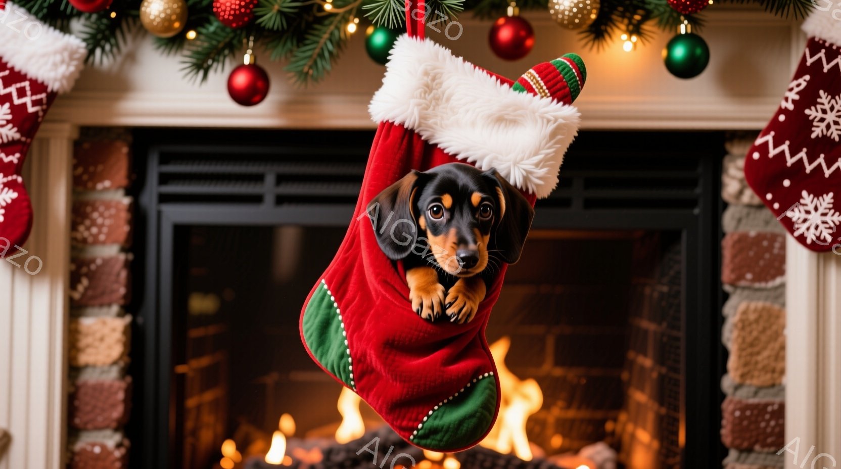 赤いクリスマスストッキングの中に、小さなダックスフンドの子犬が顔を出しています。子犬は茶色の毛並みで、つぶらな瞳でこちらを見ており、可愛らしい表情をしています。背景にはレンガの暖炉と燃え盛る炎、そしてクリスマスオーナメントが飾られ、温かく幸せな雰囲気が漂っています。