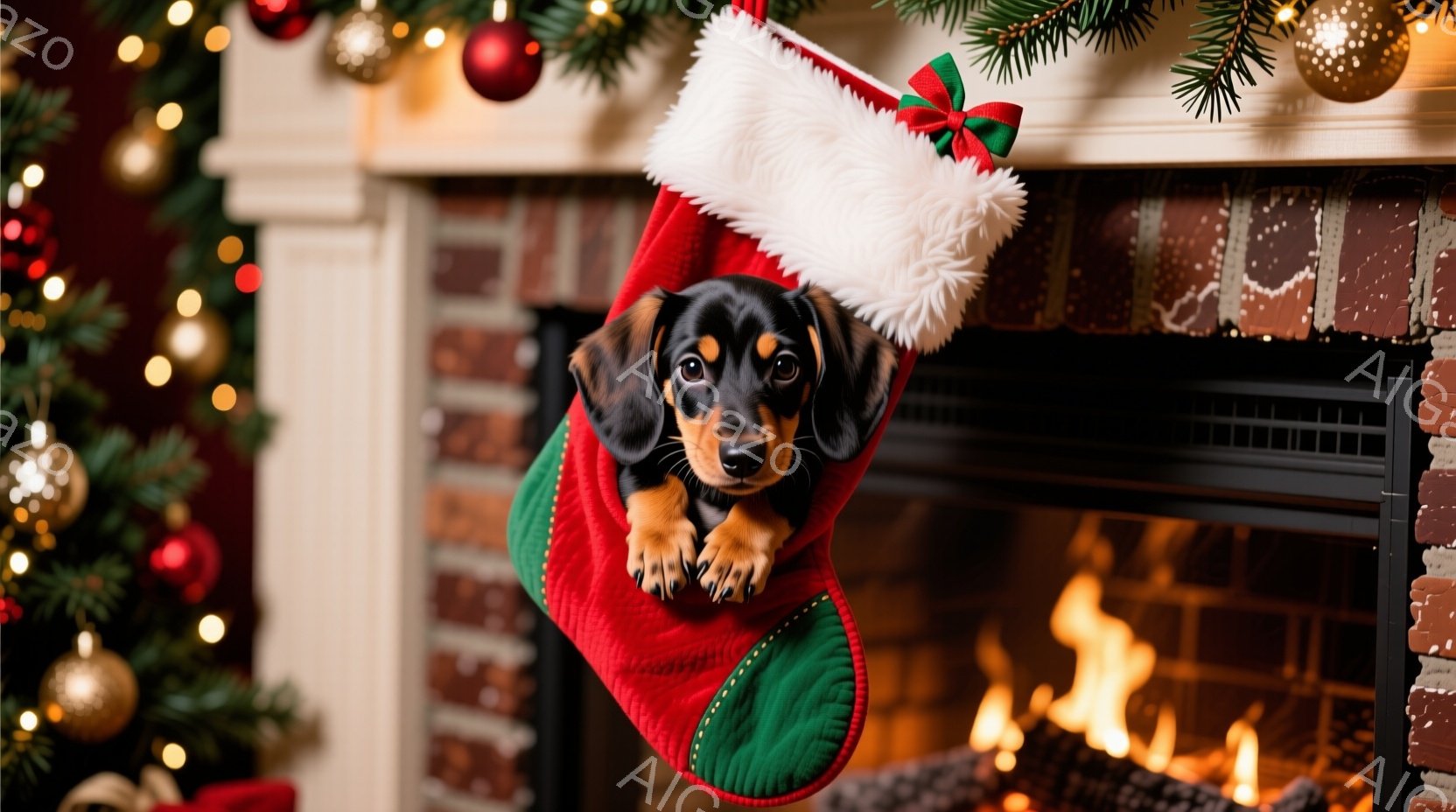 クリスマス柄の赤い靴下の中に、茶色と黒のダックスフントが可愛らしく顔を出しています。暖炉の前で、クリスマスツリーの輝く飾りとオレンジ色の炎が温かい雰囲気を醸し出しています。全体的に、クリスマスシーズン - AI生成フリー素材