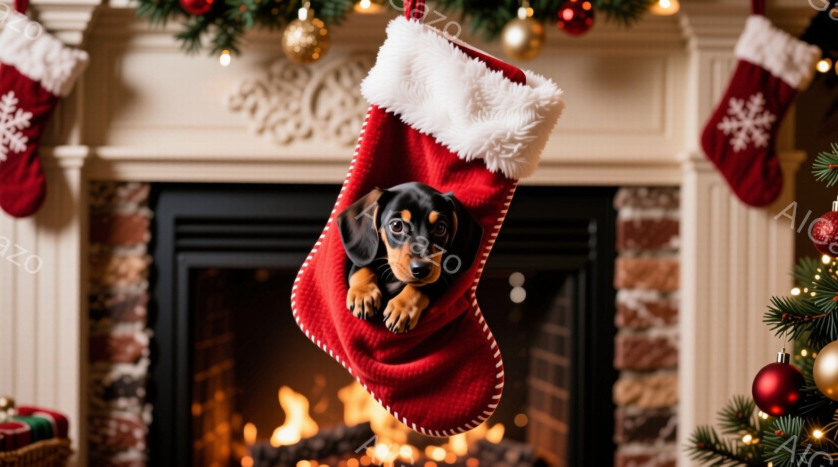 赤いクリスマスストッキングの中に、小さな茶色と黒のパピーが可愛らしく顔を出しています。背景には暖炉の炎と、クリスマスツリーの装飾がぼんやりと見え、温かくお祝いムードに満ちた雰囲気です。パピーは少し好奇 - AI生成フリー素材