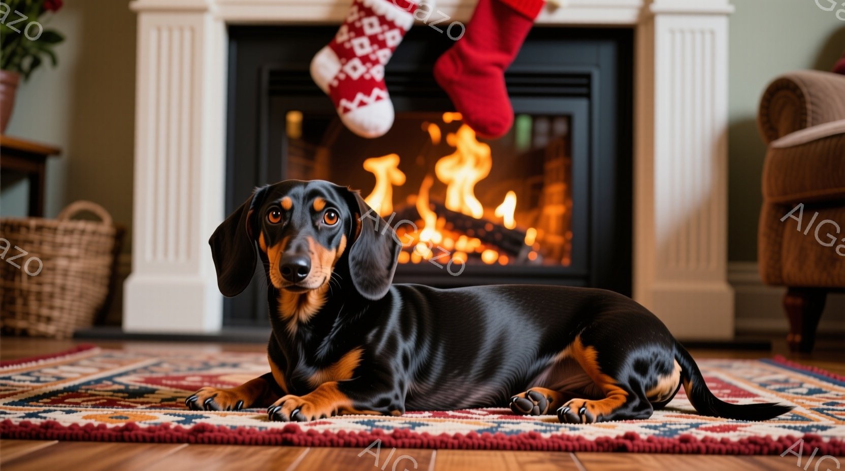 暖炉の前で、つややかな黒い毛並みのダックスフントがリラックスして横たわっています。その表情は穏やかで、まるで暖炉の火を見つめているようです。背景には、クリスマスのストッキングが吊るされ、暖かく居心地の - AI生成フリー素材