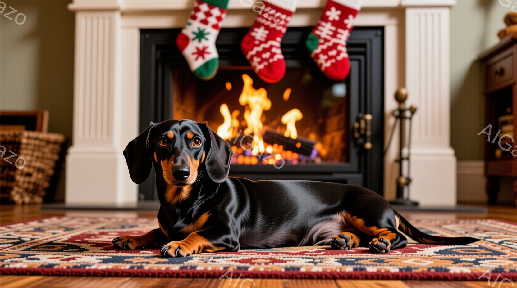 暖炉の前に黒と茶色のダックスフンドがリラックスして横たわっています。その表情は穏やかで、どこか自信に満ちています。背景には、クリスマス柄の靴下が暖炉の上に飾られ、暖炉の中では炎が燃え盛り、居心地の良い - AI生成フリー素材