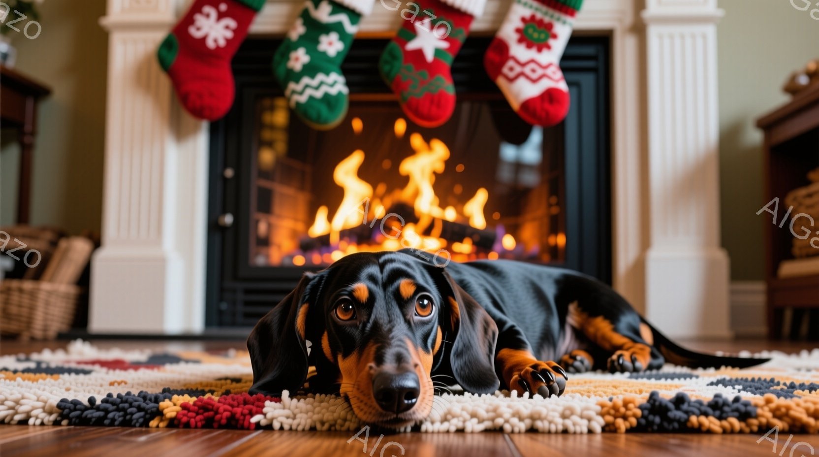 暖炉の前でダックスフントが横たわっています。犬は黒と茶色の毛並みで、リラックスした表情をしています。背景には、クリスマス柄の靴下が暖炉に飾られ、温かく居心地の良い雰囲気を作り出しています。 - AI生成フリー素材
