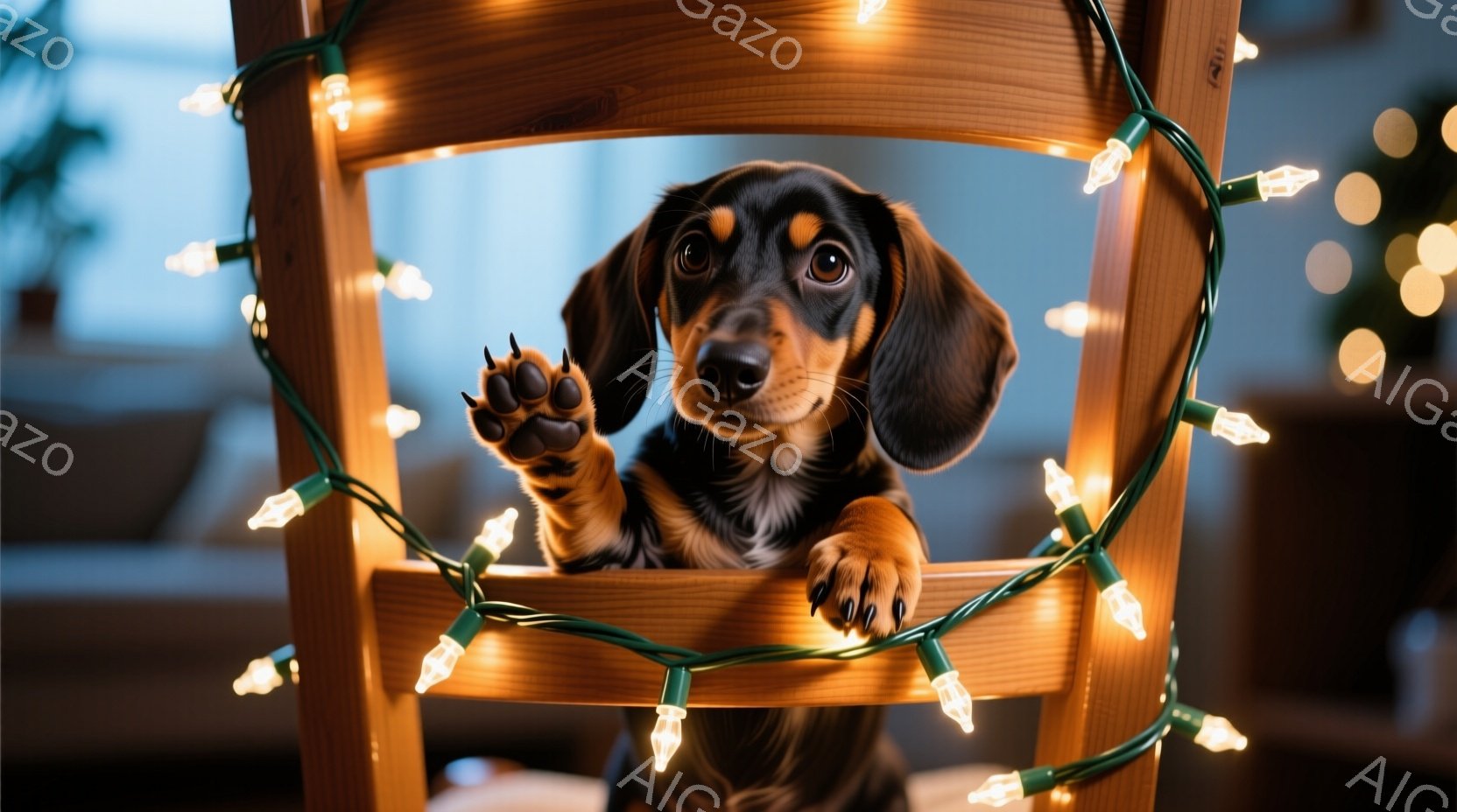 茶色と黒のダックスフンドの子犬が、背もたれの柵に前足をかけてぶら下がっています。子犬は好奇心に満ちた表情でカメラを見つめており、その周りには緑色のクリスマスライトが飾られています。背景はぼやけています - AI生成フリー素材