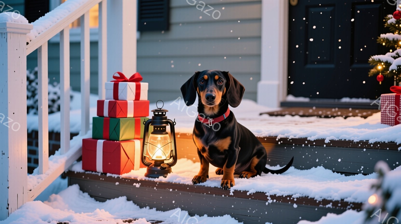 雪が降る家の階段に、短い足を持つダックスフントが座っています。犬は茶色と黒の毛並みで、赤い首輪を付けており、少し緊張した表情で正面を見ています。背景には、カラフルなプレゼントの山と点灯したランタンがあ - AI生成フリー素材