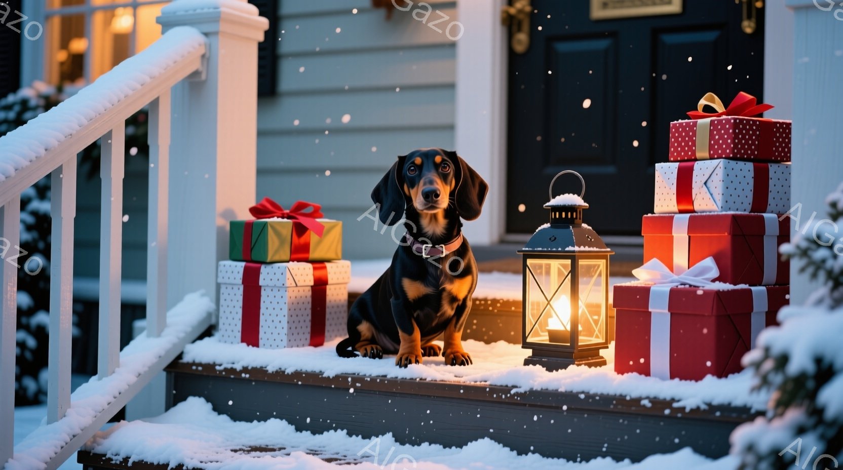 黒いダックスフントが雪に覆われた家の階段に座り、クリスマスプレゼントの山を見守っています。背景には、暖かい光を放つランタンと、雪が降る夜の穏やかな雰囲気が広がっています。プレゼントは赤と白のラッピング - AI生成フリー素材