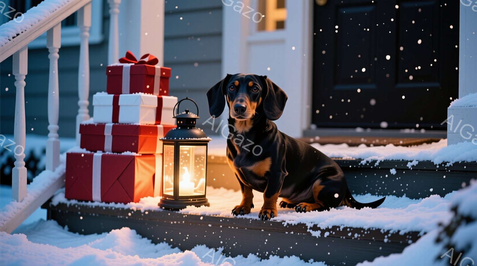 黒いダックスフンドが雪の降る家の階段に座っており、その隣には赤いリボンで結ばれたプレゼントの山と点灯したランタンが置かれています。犬は正面を見ており、やや警戒した表情をしています。背景は雪に覆われた家 - AI生成フリー素材