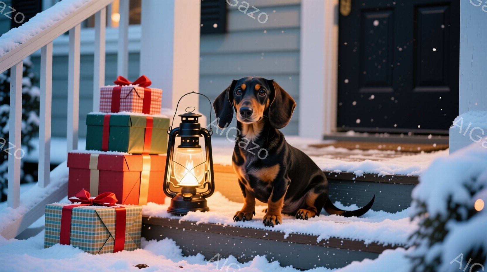 雪が降る家の外階段に、ダックスフンドが座っています。周りには赤いリボンで結ばれたプレゼントボックスが積み重ねられ、オレンジ色の光を放つランタンが置かれています。全体的に暖かく、クリスマスの雰囲気が漂う - AI生成フリー素材