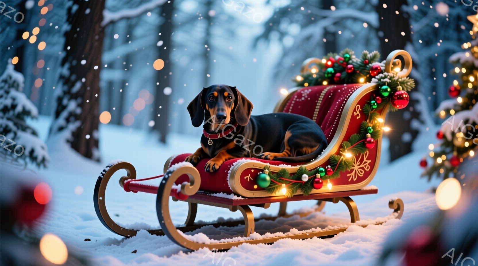 雪が降り積もる冬の森の中で、ダックスフントが赤いソリに悠々と横たわっています。ソリはクリスマス装飾で飾られ、キラキラと輝くライトと緑のリース、赤いオーナメントが添えられています。背景にはぼんやりと木々 - AI生成フリー素材