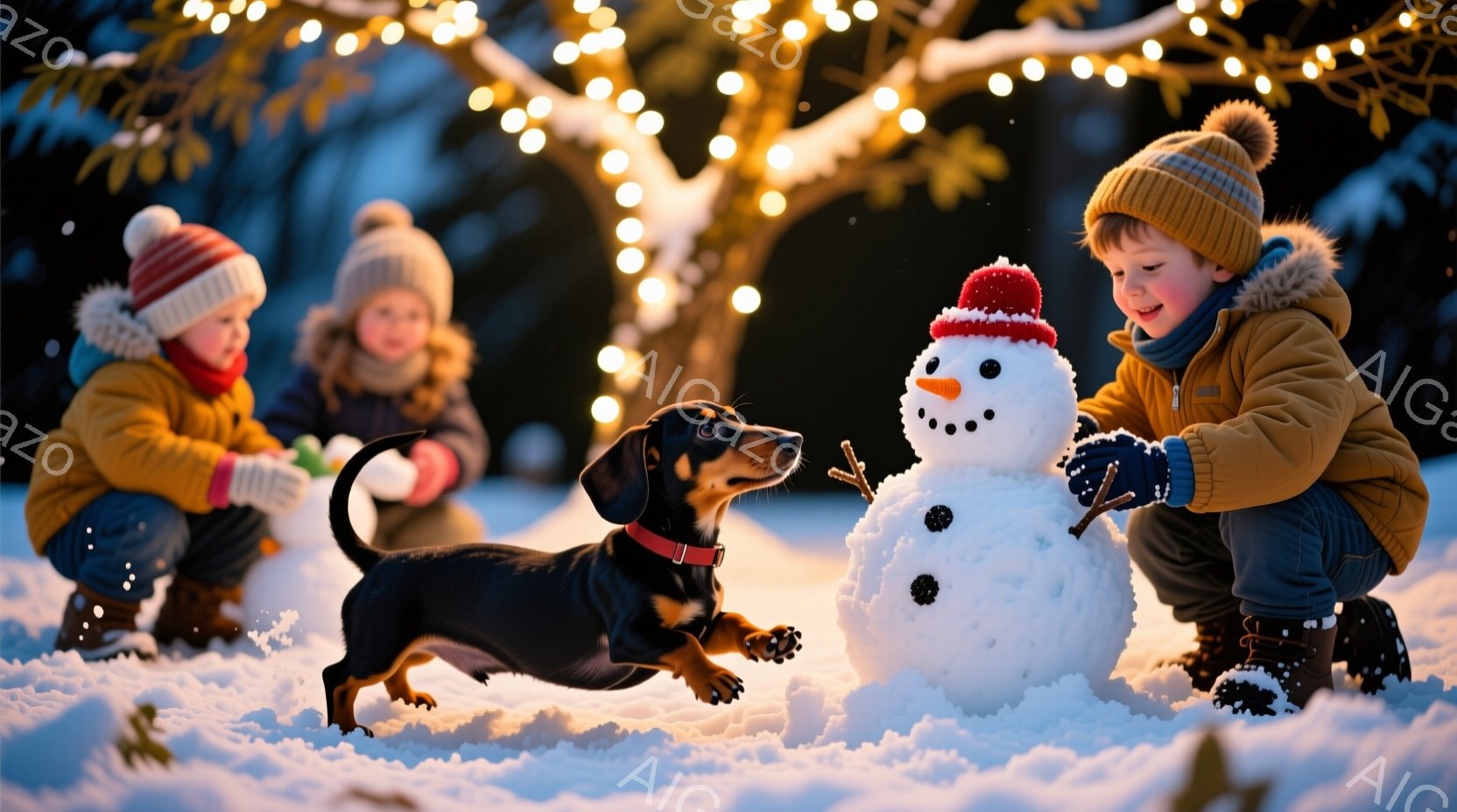 雪景色の中で、赤い帽子をかぶった少年と、同じように帽子をかぶった少女が雪だるまを作っています。黒いダックスフントが雪の中で遊び、雪だるまに向かって飛び跳ねようとしています。背景には点灯されたイルミネー - AI生成フリー素材