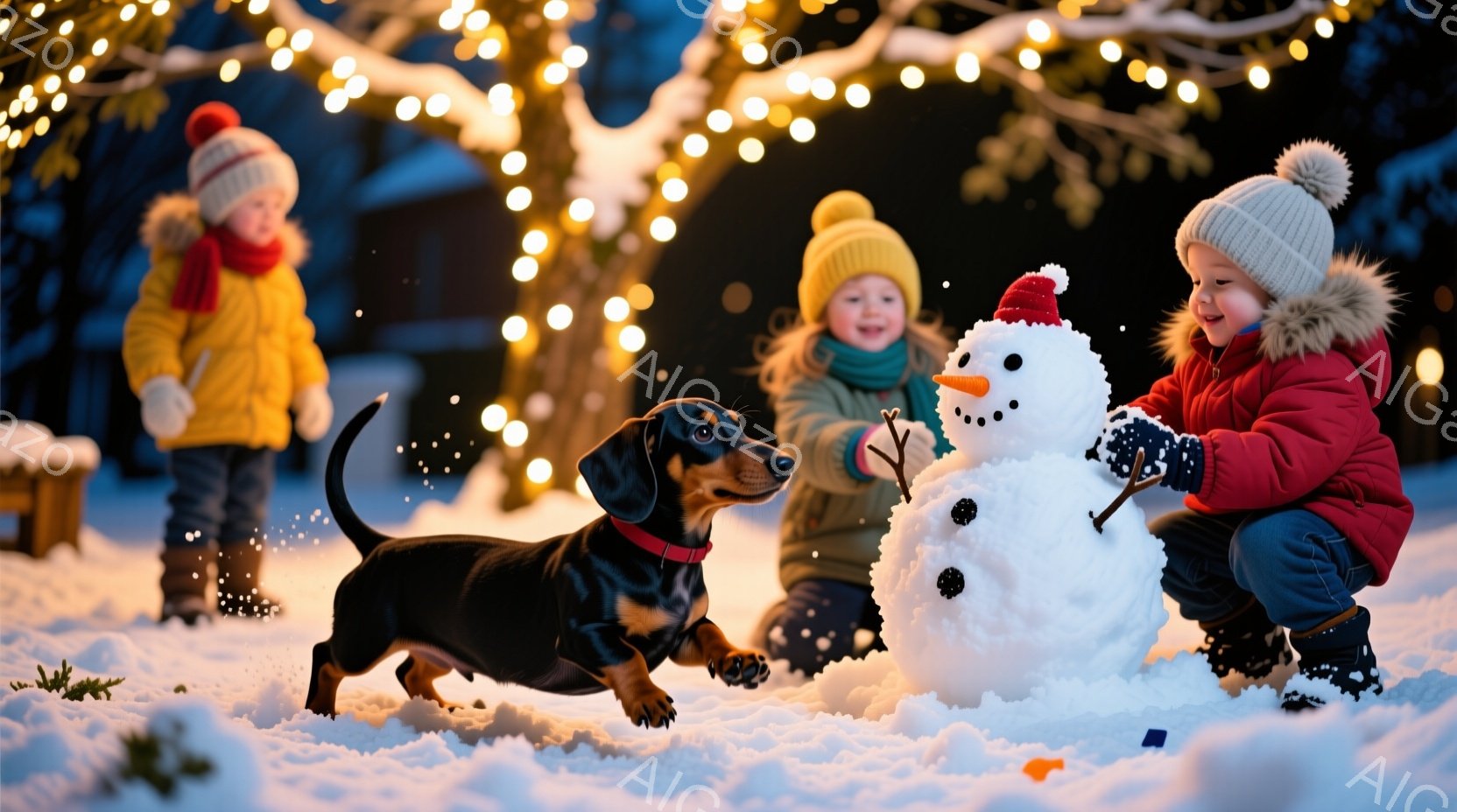 雪景色の中で、幼い子供たちが雪だるまを作っています。一人は赤いポンポン付きの帽子と厚手のジャケットを着て、雪だるまに小枝の腕を付けており、もう一人は黄色い帽子とスカーフを巻き、雪の中で楽しそうに遊んで - AI生成フリー素材